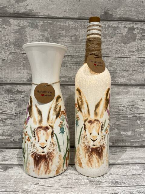 Hare Light Up Bottle & Matching Vase - Hares, Rabbits, Spring , March Hare Mother's Day Gift - image 1
