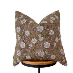 Hand Block Print Linen Pillow Cover Rusty Olive Floral - thumbnail 1