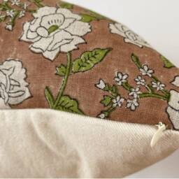 Hand Block Print Linen Pillow Cover Rusty Olive Floral - thumbnail 3