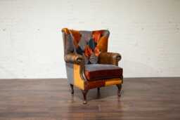 Handmade Chesterfield Wing Chair Camborne Orange Grey Patchwork & Antique Tan Leather - thumbnail 1