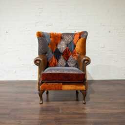 Handmade Chesterfield Wing Chair Camborne Orange Grey Patchwork & Antique Tan Leather - thumbnail 2