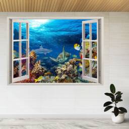 Blue Ocean Sea Colorful Fish 3D Window View Wall Sticker Poster Decal A815 - thumbnail 1