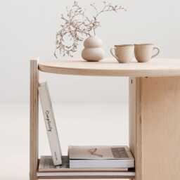 Japandi Side Table ??60 cm With Storage Shelf, Round Wooden Coffee Table, Mid Century Modern Living Room, Handmade Wood - thumbnail 2
