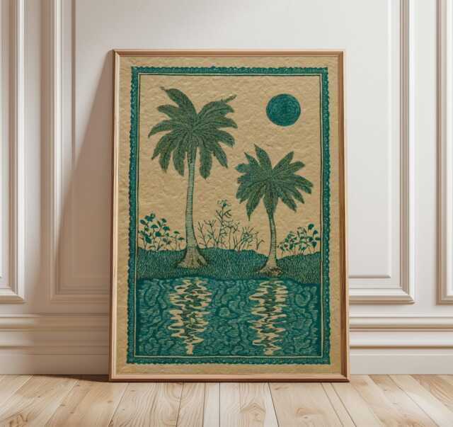 Tropical Palm Oasis Poster, Vintage Style Art Print, Botanical Landscape Wall - image 1