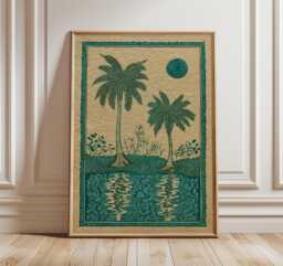 Tropical Palm Oasis Poster, Vintage Style Art Print, Botanical Landscape Wall - thumbnail 1
