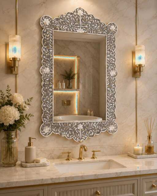 Grey Mother Of Pearl Inlaid Floral Pattern Mirror Frame With Complimentary - image 1