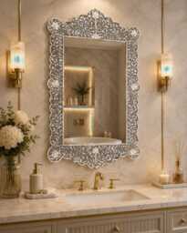 Grey Mother Of Pearl Inlaid Floral Pattern Mirror Frame With Complimentary