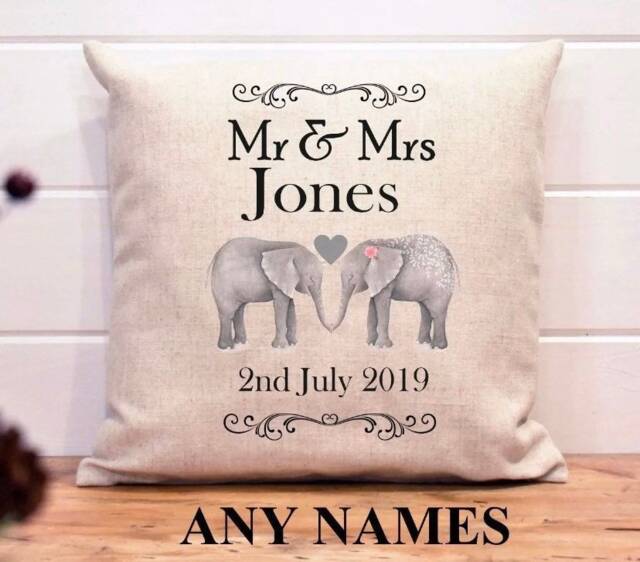 Personalised Cushion, Elephant, Wedding, Anniversary, Mr & Mrs, Wedding Day, Bride, Groom, Gift, Established Since, Married - image 1