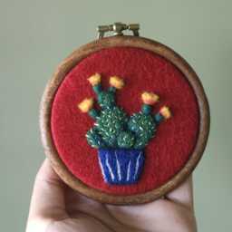 Ooak Needle Felted Pot Plant Painting. Whimsy 3D Wall Art in An Embroidery Hoop - thumbnail 3