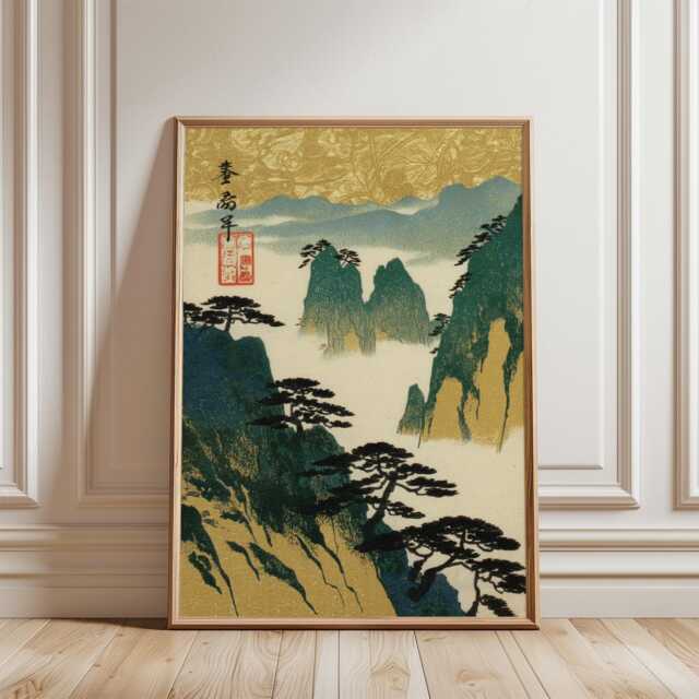 Japanese Mountain Landscape Poster - Vintage Ink Style Scenery Traditional Asian Nature Art - image 1