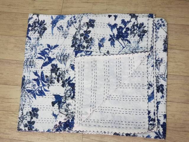 Indian Handmade Pure Cotton Kantha Blanket Throw Quilt 108x90 - image 1