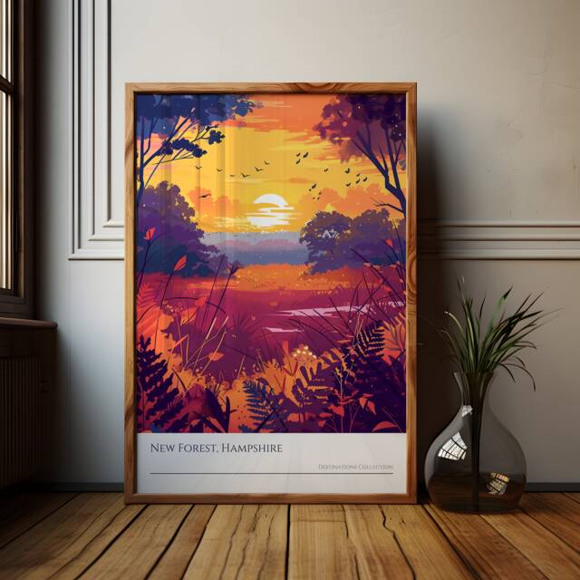 New Forest Sunset Art Poster Hampshire Countryside Landscape - image 1