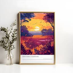 New Forest Sunset Art Poster Hampshire Countryside Landscape - thumbnail 2
