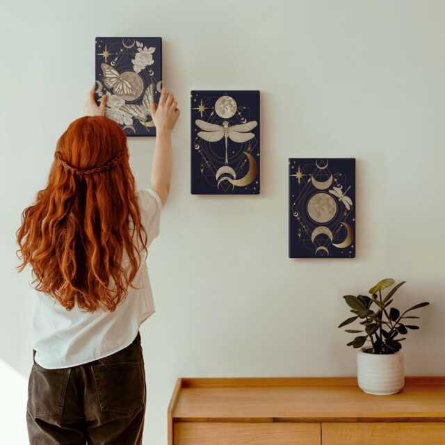 3 Piece Canvas Set - Nature Motifs With The Moon, Space, & Flowers, Navy Wall Art, Space Astrology Decor - image 1