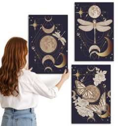 3 Piece Canvas Set - Nature Motifs With The Moon, Space, & Flowers, Navy Wall Art, Space Astrology Decor - thumbnail 3