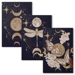 3 Piece Canvas Set - Nature Motifs With The Moon, Space, & Flowers, Navy Wall Art, Space Astrology Decor - thumbnail 2