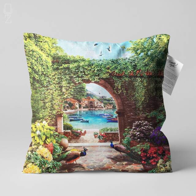 Decorative Peacock Themed Cushion Cover With Landscape Painting - Double Sided Printing On Chenille Fabric Multi Size Options, Oeko-Tex - image 1