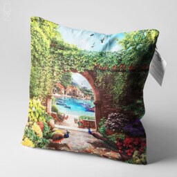 Decorative Peacock Themed Cushion Cover With Landscape Painting - Double Sided Printing On Chenille Fabric Multi Size Options, Oeko-Tex - thumbnail 2