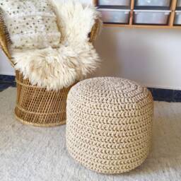 Sparkly Gold/Silver Crochet Pouf Ottoman, Round Footstool, Eco Cotton Floor Seating, Modern Furniture
