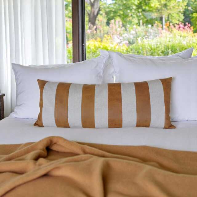 striped Vegan Leather Pillow Cover - Retro Glam Linen Accent - image 1