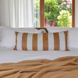 striped Vegan Leather Pillow Cover - Retro Glam Linen Accent - thumbnail 2