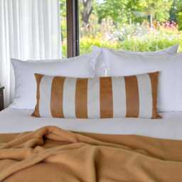 striped Vegan Leather Pillow Cover - Retro Glam Linen Accent - thumbnail 1