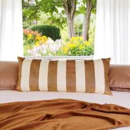 striped Vegan Leather Pillow Cover - Retro Glam Linen Accent - thumbnail 3
