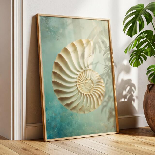 Spiral Of Tides - Nautilus Shell Art Print in Cream & Aqua, Coastal Ocean Inspired Wall Decor For Bathroom Or Bedroom - image 1