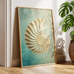Spiral Of Tides - Nautilus Shell Art Print in Cream & Aqua, Coastal Ocean Inspired Wall Decor For Bathroom Or Bedroom - thumbnail 1
