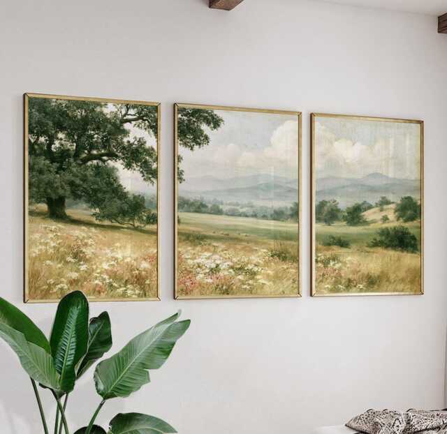 Green Meadow Landscape Poster Set, Vintage Oak Tree Wall Art - image 1
