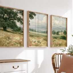 Green Meadow Landscape Poster Set, Vintage Oak Tree Wall Art - thumbnail 3