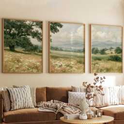 Green Meadow Landscape Poster Set, Vintage Oak Tree Wall Art - thumbnail 4