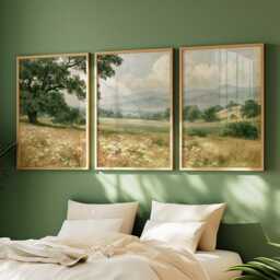 Green Meadow Landscape Poster Set, Vintage Oak Tree Wall Art - thumbnail 2