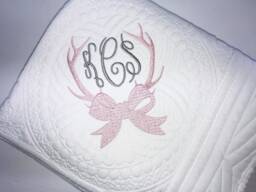 Personalized Baby Girl Quilt, Deer Antlers Embroidery, Heirloom Keepsake Blanket - thumbnail 1