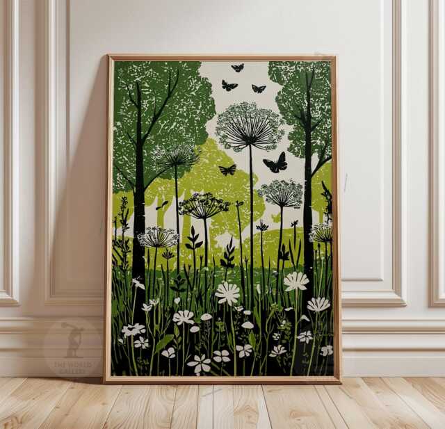 Green Meadow Poster - Butterfly Woodland Wall Art Botanical Forest Illustration - image 1