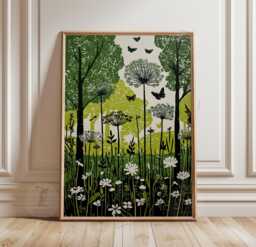 Green Meadow Poster - Butterfly Woodland Wall Art Botanical Forest Illustration - thumbnail 1