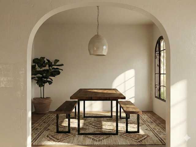 Solid Wood Dining Table & Bench Set - Rustic Farmhouse Furniture, Black Metal Legs - image 1