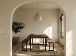 Solid Wood Dining Table & Bench Set - Rustic Farmhouse Furniture, Black Metal Legs