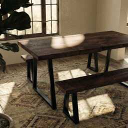 Solid Wood Dining Table & Bench Set - Rustic Farmhouse Furniture, Black Metal Legs - thumbnail 2