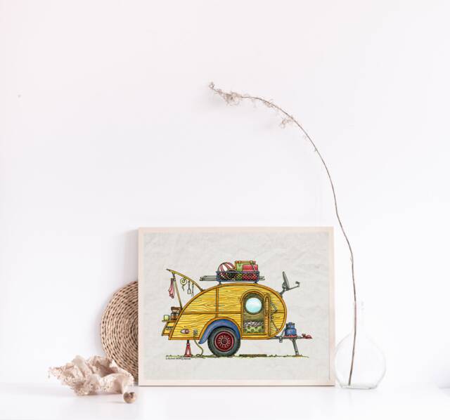 Teardrop Camper - Travel Trailer Van Vanlife Happy Art Print Whimsical Wall Decor Glamping - image 1
