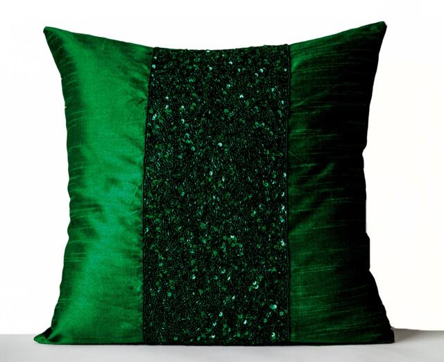 Emerald Green Pillow Cover, Silk Pillows, Sequin Throw Pillow, D??cor - image 1