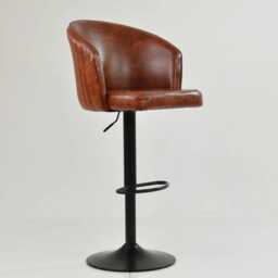 Vintage Brown Faux Leather Bar Stool - Adjustable Swivel Breakfast With Backrest, Industrial Black Base - thumbnail 2