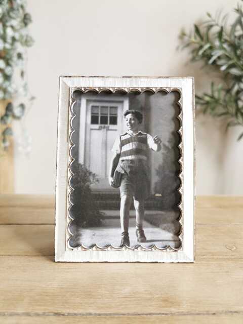 Distressed Vintage Style White Metal Photo Frame With A Scalloped Edge, Small Rustic Picture - image 1