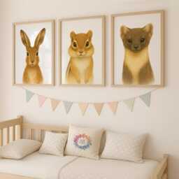 Woodland Animal Print Set - 30 Design Choices, Hare Chipmunk P.marten, Baby Bedroom Decor, Boys Girls, Forest Nursery Prints, Kids Wall Art - thumbnail 1