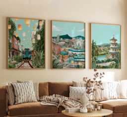 Taipei Taiwan Poster Set Of 3, Vintage Travel Illustration, Retro Skyline Cityscape Wall Art Prints - thumbnail 1
