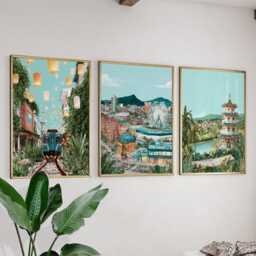 Taipei Taiwan Poster Set Of 3, Vintage Travel Illustration, Retro Skyline Cityscape Wall Art Prints - thumbnail 3