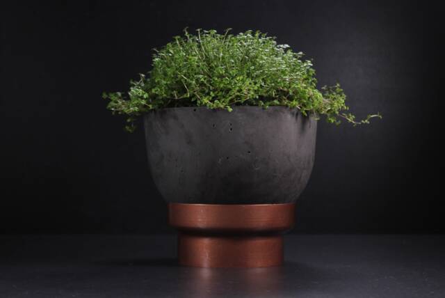 Spherical Charcoal Concrete Bowl Set, Core Orb Copper Stand, Eruption Focal Point - Volcano Collection - image 1