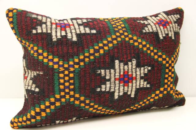 Turkish Kilim Pillow Cover 16x24, Vintage Wool Lumbar Cushion - image 1