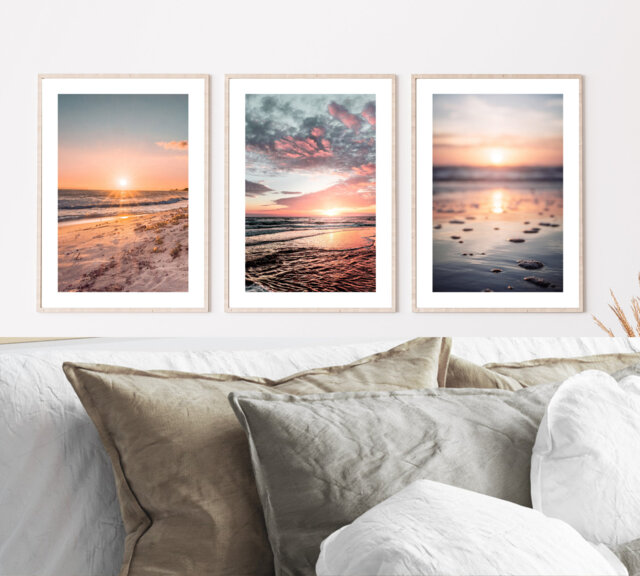 Set Of 3 Beach Prints, Bedroom Wall Art, Pink Sunset Sunrise Print, Posters, Living Room Prints - image 1