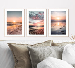 Set Of 3 Beach Prints, Bedroom Wall Art, Pink Sunset Sunrise Print, Posters, Living Room Prints - thumbnail 1